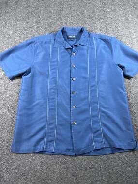 Indygo Smith Men's Blue Short Sleeve Embroidered Panel Guayabera Cuban Camp Shir